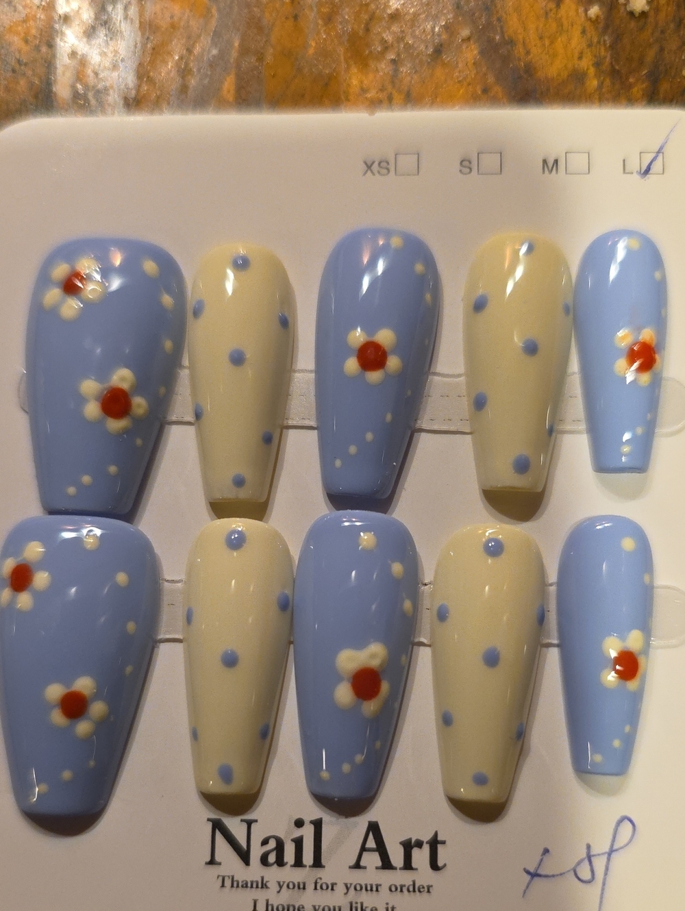 Blue & Cream Floral Press-On Nail Set - Size Large